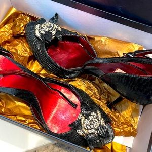 GAROLINI SIZE 8 black leather peep toe high heels with crystal appliqué